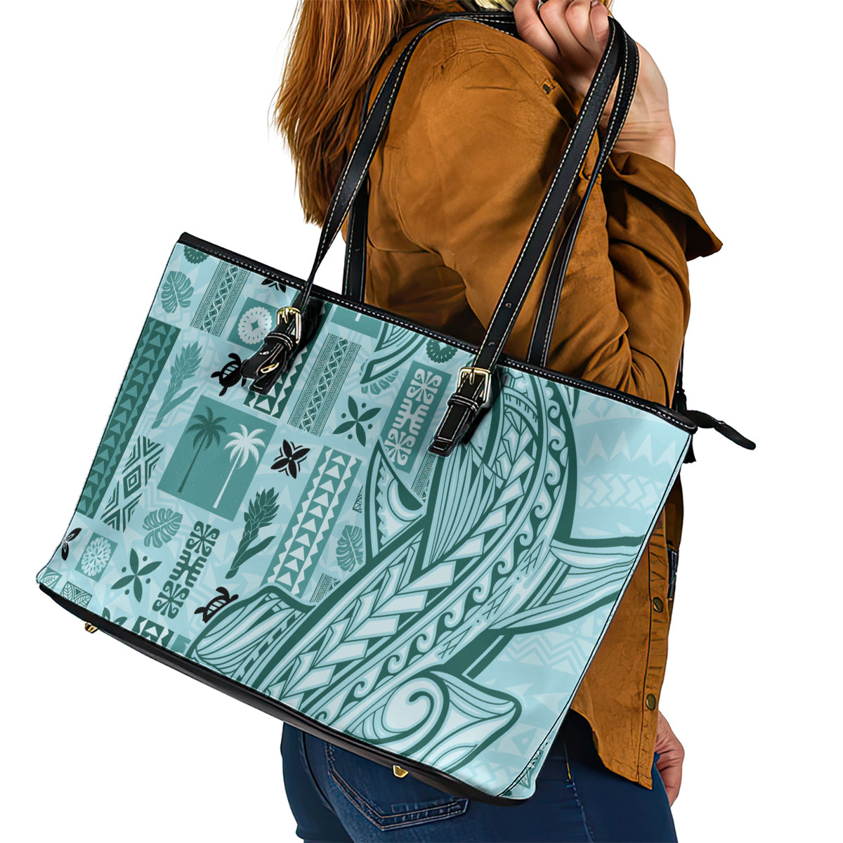 Samoa Tapa Leather Tote Bag Siapo Mix Tatau Patterns - Teal - Wonder Print Shop