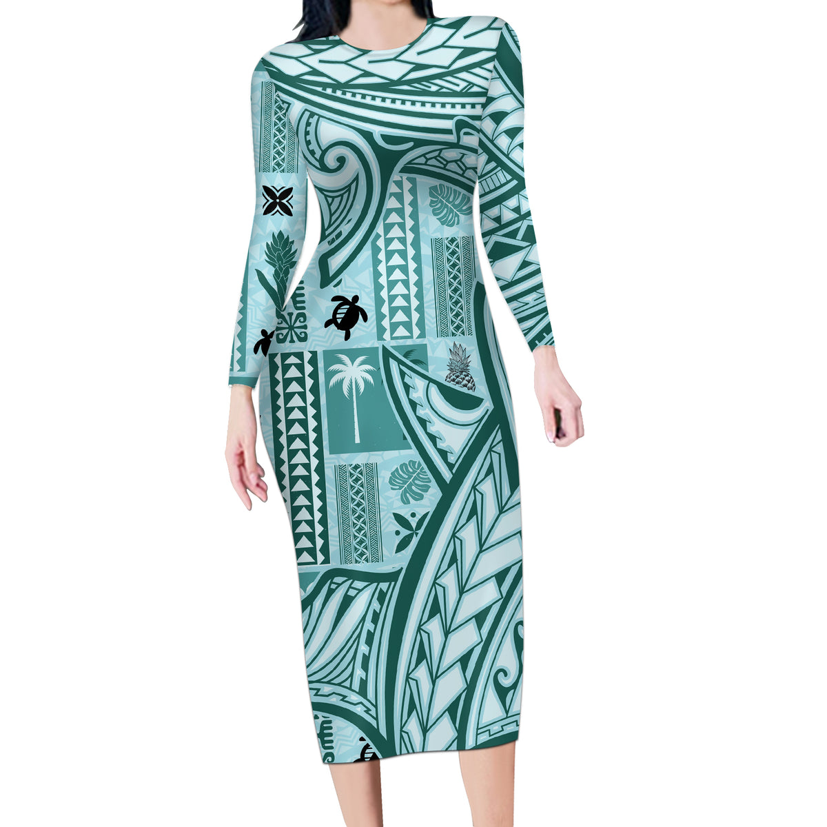 Samoa Tapa Long Sleeve Bodycon Dress Siapo Mix Tatau Patterns - Teal - Wonder Print Shop