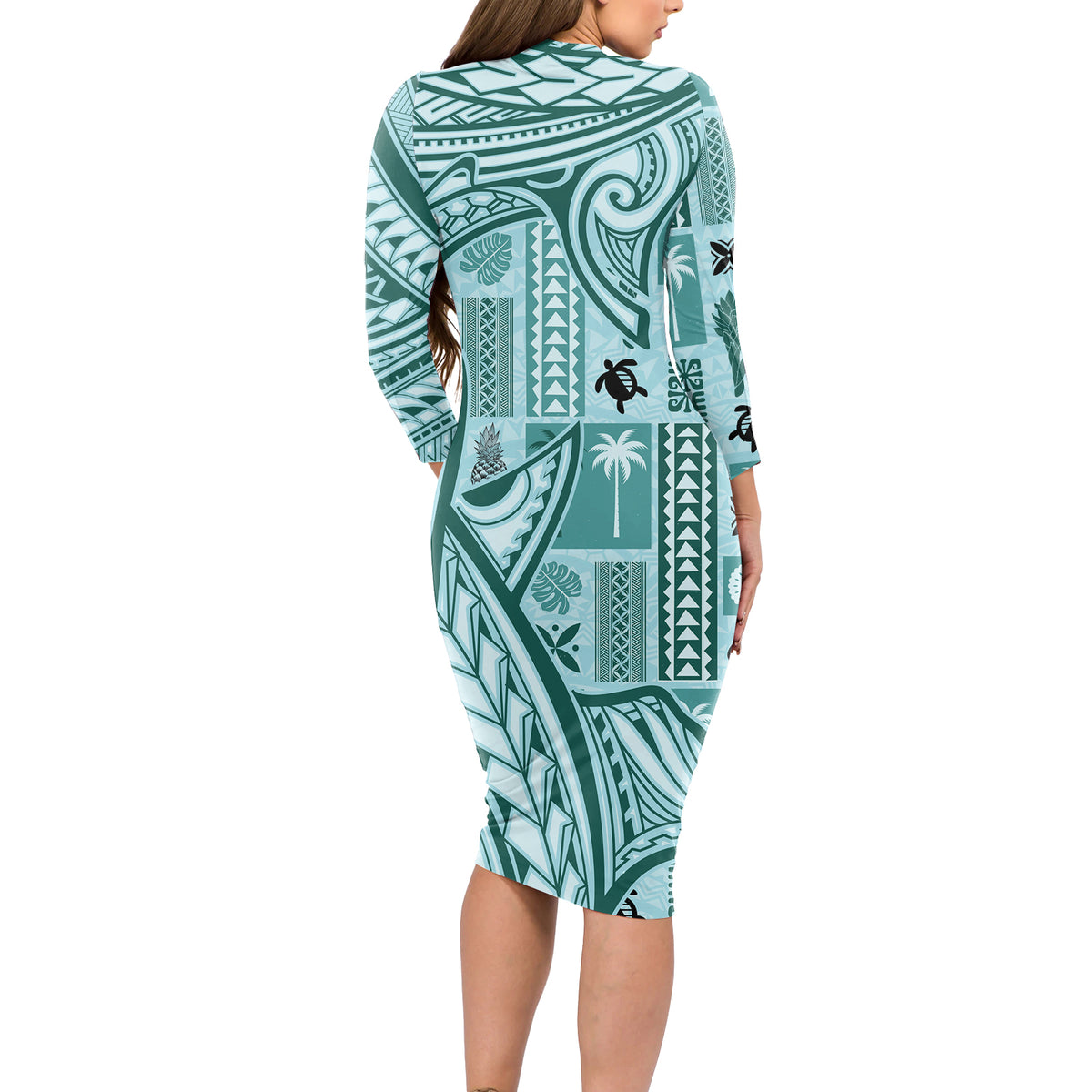 Samoa Tapa Long Sleeve Bodycon Dress Siapo Mix Tatau Patterns - Teal - Wonder Print Shop