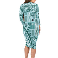 Samoa Tapa Long Sleeve Bodycon Dress Siapo Mix Tatau Patterns - Teal - Wonder Print Shop