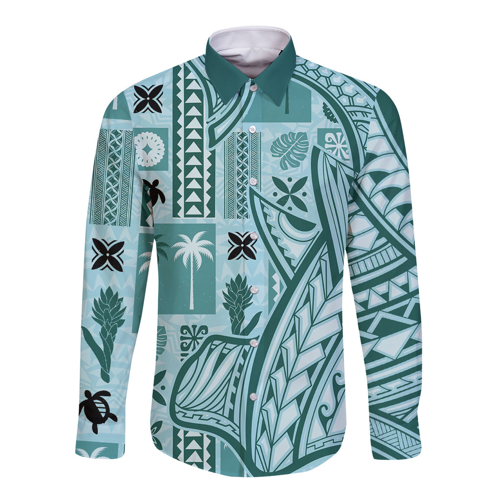 Samoa Tapa Long Sleeve Button Shirt Siapo Mix Tatau Patterns - Teal - Wonder Print Shop