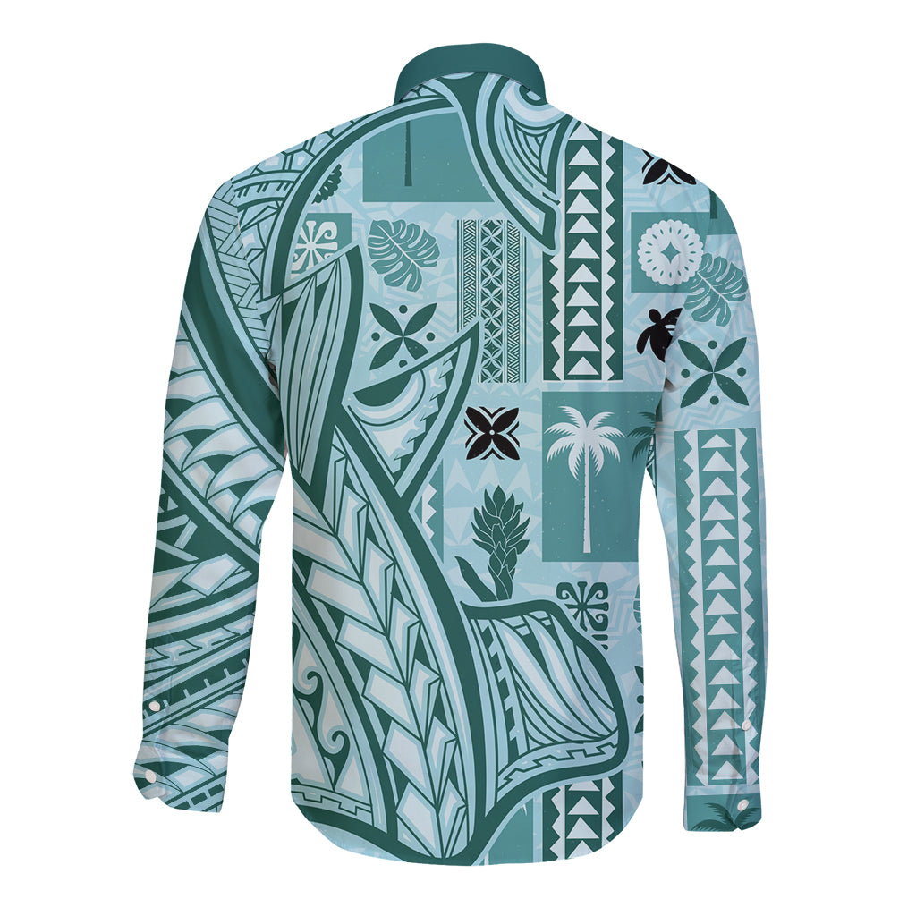 Samoa Tapa Long Sleeve Button Shirt Siapo Mix Tatau Patterns - Teal - Wonder Print Shop