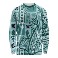 Samoa Tapa Long Sleeve Shirt Siapo Mix Tatau Patterns - Teal - Wonder Print Shop