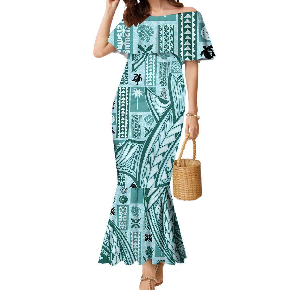 Samoa Tapa Mermaid Dress Siapo Mix Tatau Patterns - Teal - Wonder Print Shop
