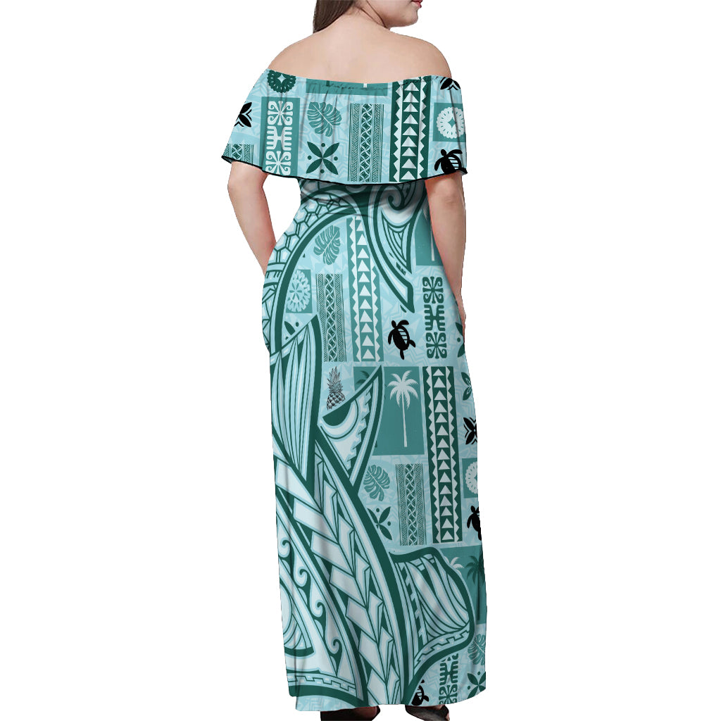 Samoa Tapa Off Shoulder Maxi Dress Siapo Mix Tatau Patterns - Teal - Wonder Print Shop