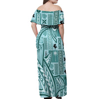 Samoa Tapa Off Shoulder Maxi Dress Siapo Mix Tatau Patterns - Teal - Wonder Print Shop