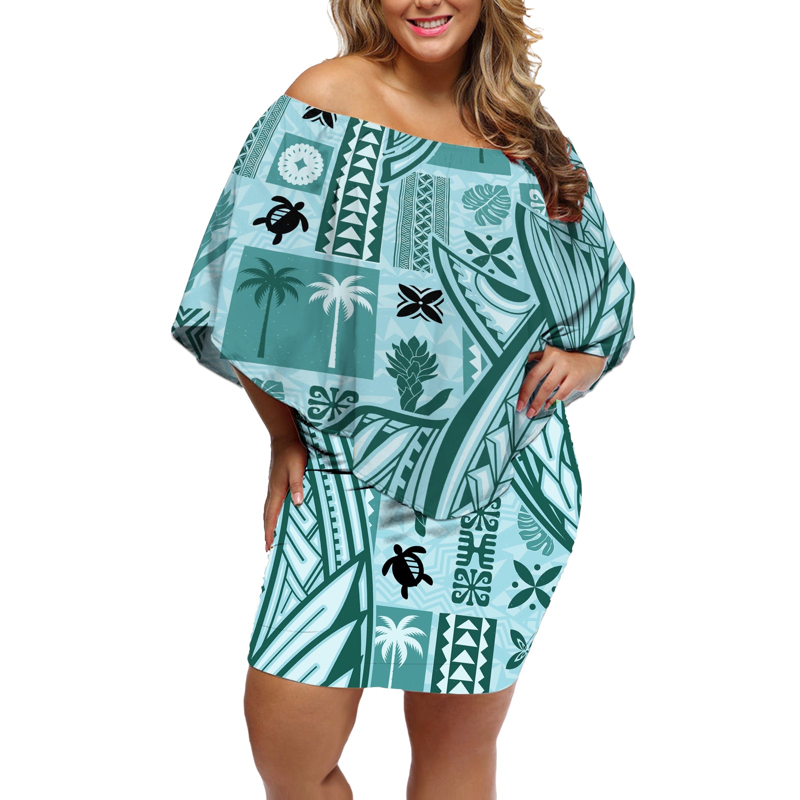 Samoa Tapa Off Shoulder Short Dress Siapo Mix Tatau Patterns - Teal - Wonder Print Shop