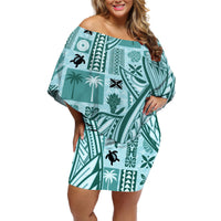 Samoa Tapa Off Shoulder Short Dress Siapo Mix Tatau Patterns - Teal - Wonder Print Shop
