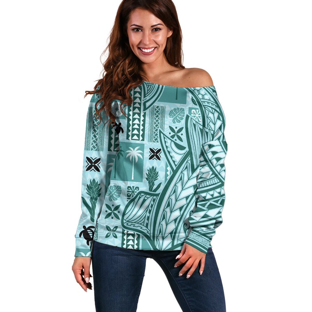 Samoa Tapa Off Shoulder Sweater Siapo Mix Tatau Patterns - Teal - Wonder Print Shop