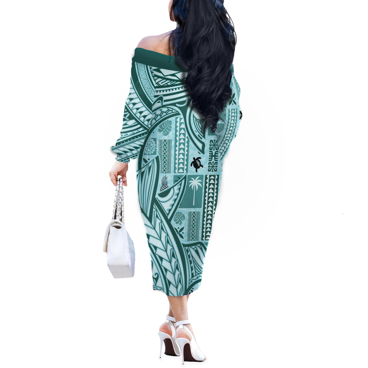 Samoa Tapa Off The Shoulder Long Sleeve Dress Siapo Mix Tatau Patterns - Teal - Wonder Print Shop