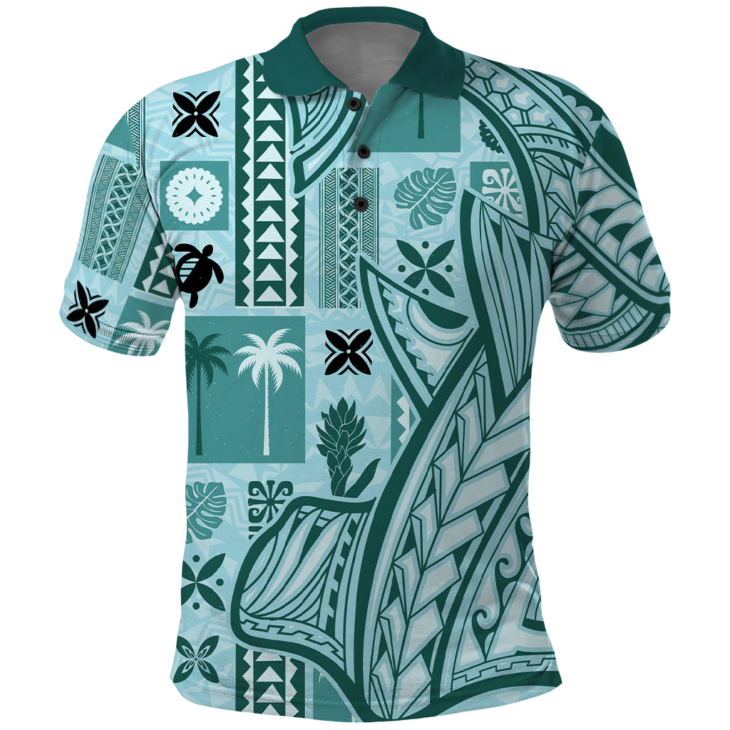 Samoa Tapa Polo Shirt Siapo Mix Tatau Patterns - Teal - Wonder Print Shop