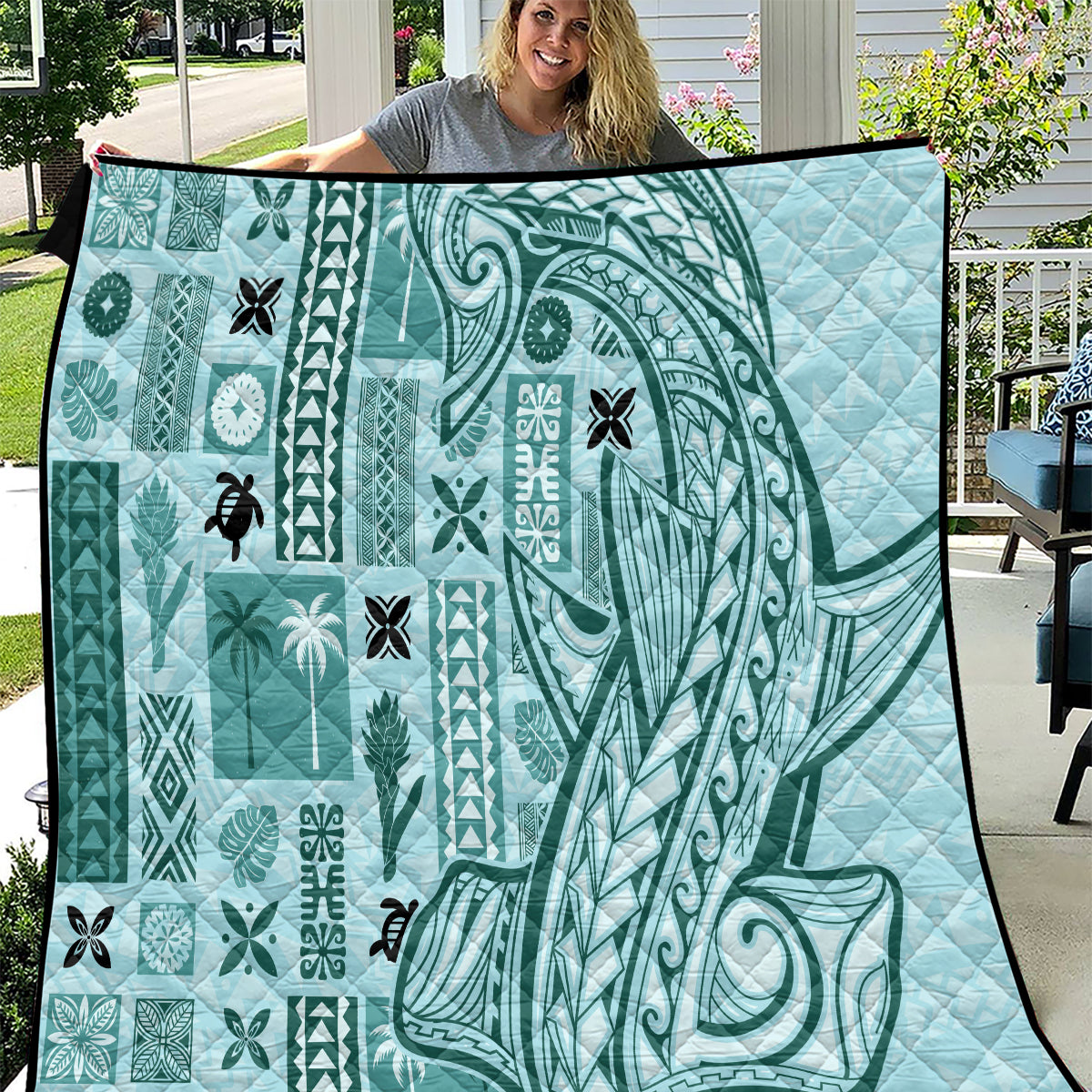 Samoa Tapa Quilt Siapo Mix Tatau Patterns - Teal - Wonder Print Shop