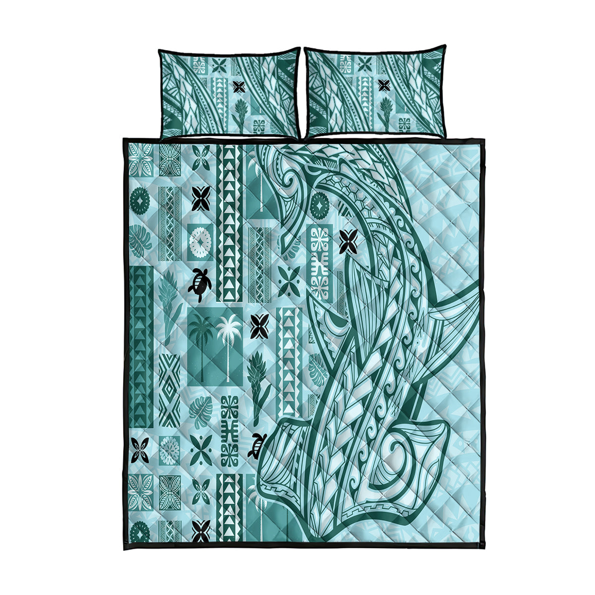 Samoa Tapa Quilt Bed Set Siapo Mix Tatau Patterns - Teal - Wonder Print Shop