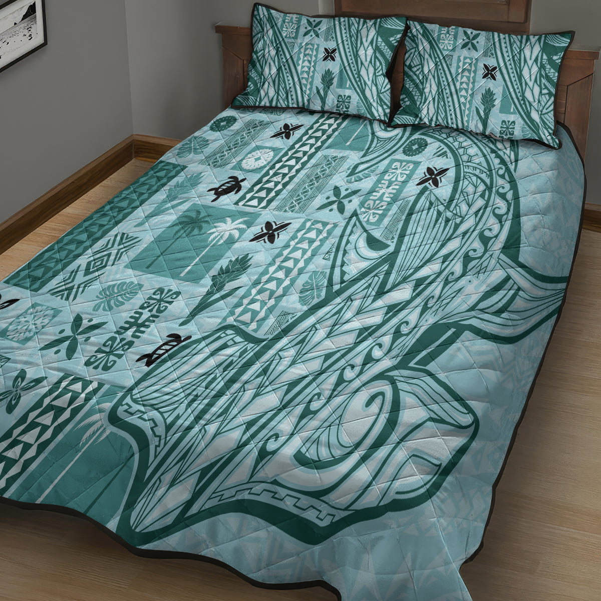 Samoa Tapa Quilt Bed Set Siapo Mix Tatau Patterns - Teal - Wonder Print Shop