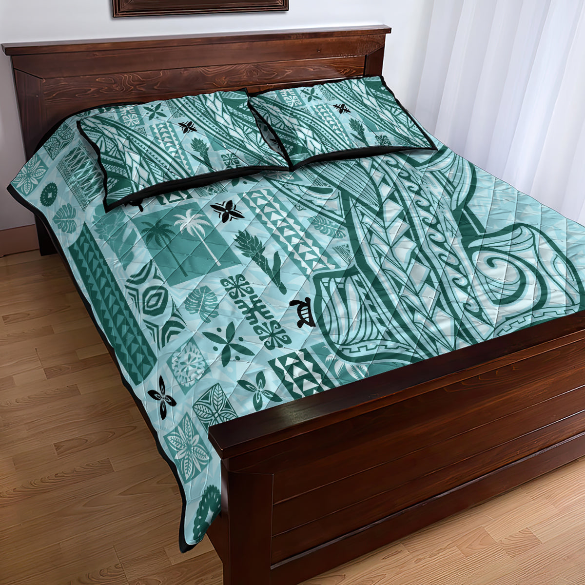 Samoa Tapa Quilt Bed Set Siapo Mix Tatau Patterns - Teal - Wonder Print Shop