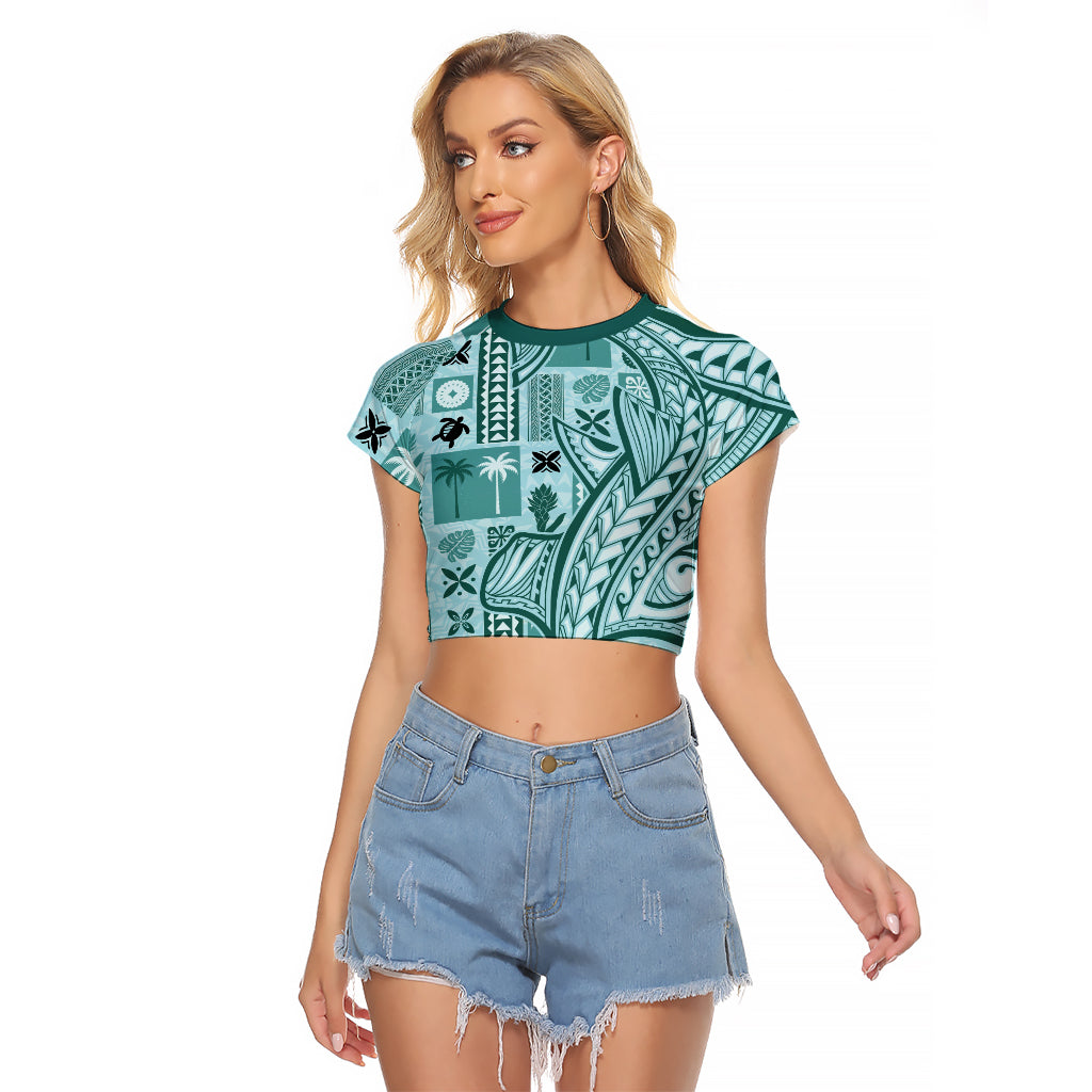 Samoa Tapa Raglan Cropped T Shirt Siapo Mix Tatau Patterns - Teal - Wonder Print Shop