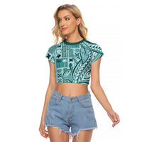 Samoa Tapa Raglan Cropped T Shirt Siapo Mix Tatau Patterns - Teal - Wonder Print Shop