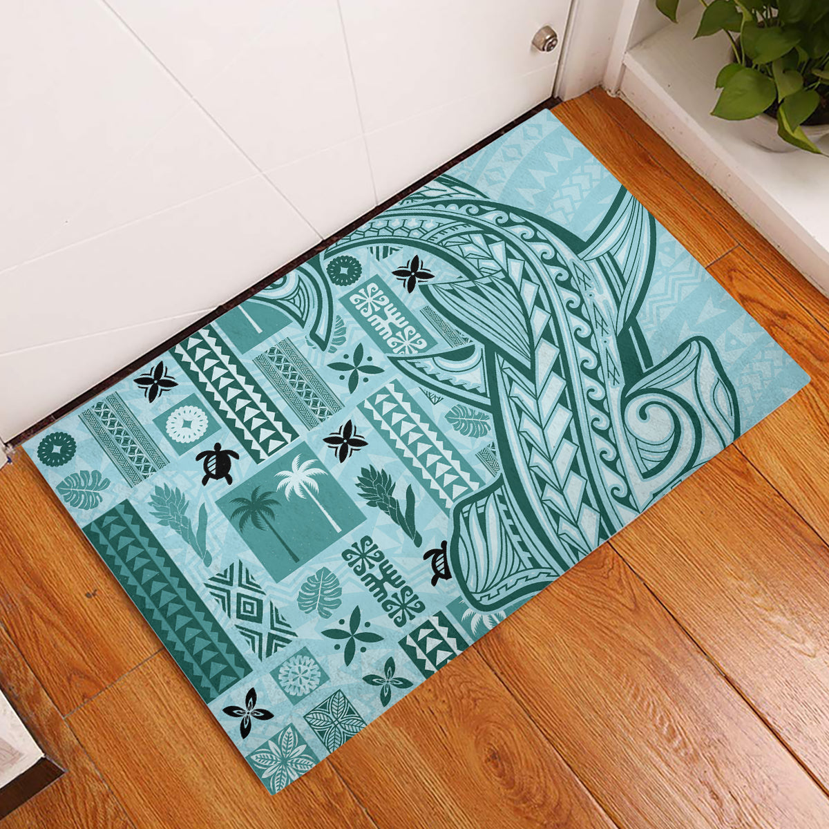 Samoa Tapa Rubber Doormat Siapo Mix Tatau Patterns - Teal - Wonder Print Shop