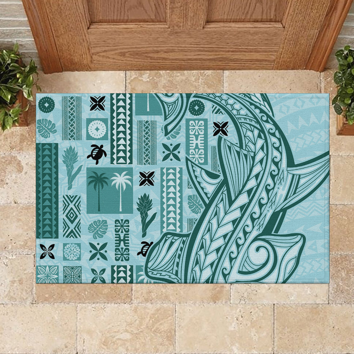 Samoa Tapa Rubber Doormat Siapo Mix Tatau Patterns - Teal - Wonder Print Shop