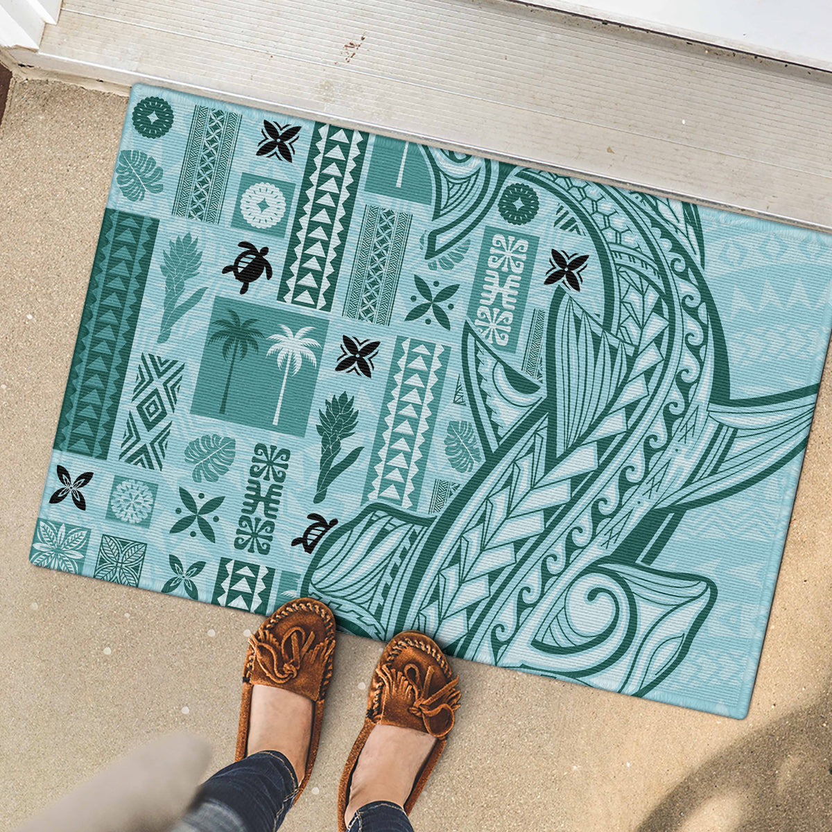 Samoa Tapa Rubber Doormat Siapo Mix Tatau Patterns - Teal - Wonder Print Shop
