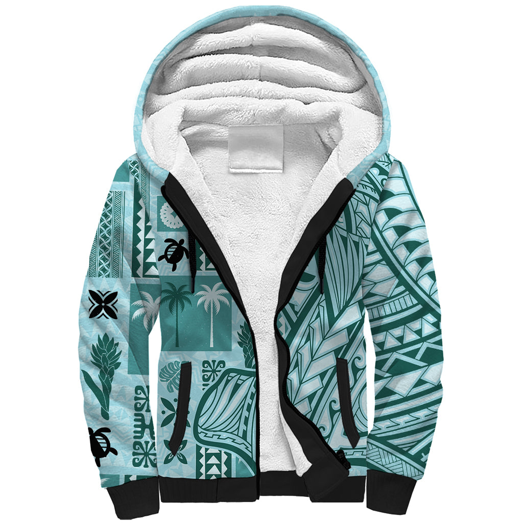 Samoa Tapa Sherpa Hoodie Siapo Mix Tatau Patterns - Teal - Wonder Print Shop