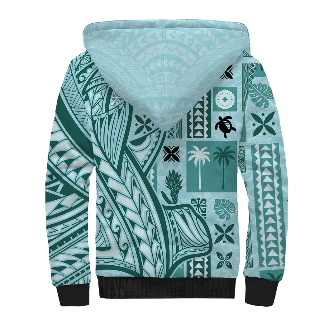 Samoa Tapa Sherpa Hoodie Siapo Mix Tatau Patterns - Teal - Wonder Print Shop