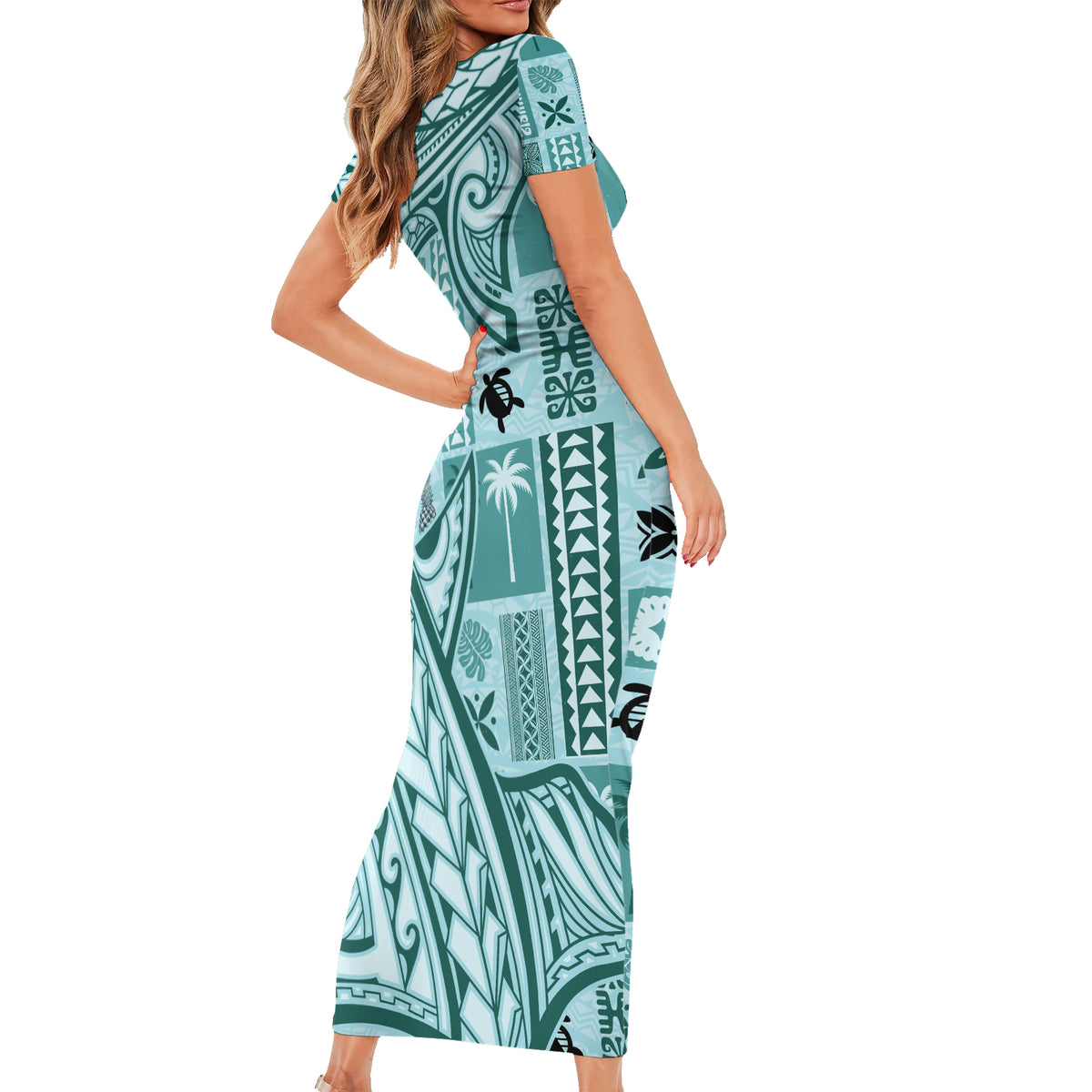 Samoa Tapa Short Sleeve Bodycon Dress Siapo Mix Tatau Patterns - Teal - Wonder Print Shop