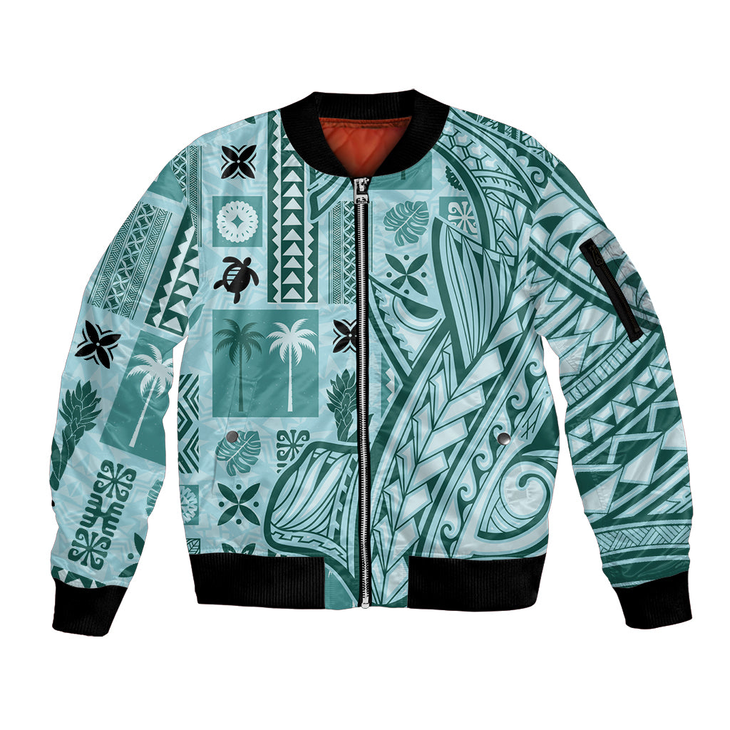 Samoa Tapa Sleeve Zip Bomber Jacket Siapo Mix Tatau Patterns - Teal - Wonder Print Shop