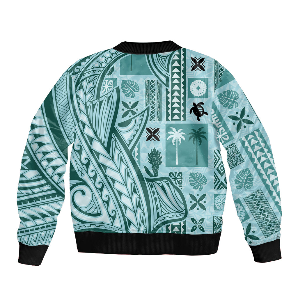 Samoa Tapa Sleeve Zip Bomber Jacket Siapo Mix Tatau Patterns - Teal - Wonder Print Shop
