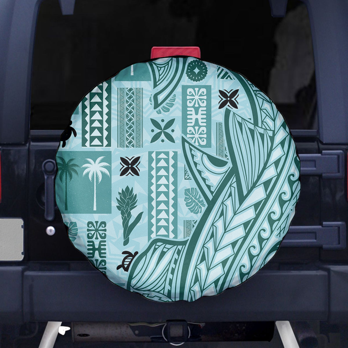 Samoa Tapa Spare Tire Cover Siapo Mix Tatau Patterns - Teal - Wonder Print Shop