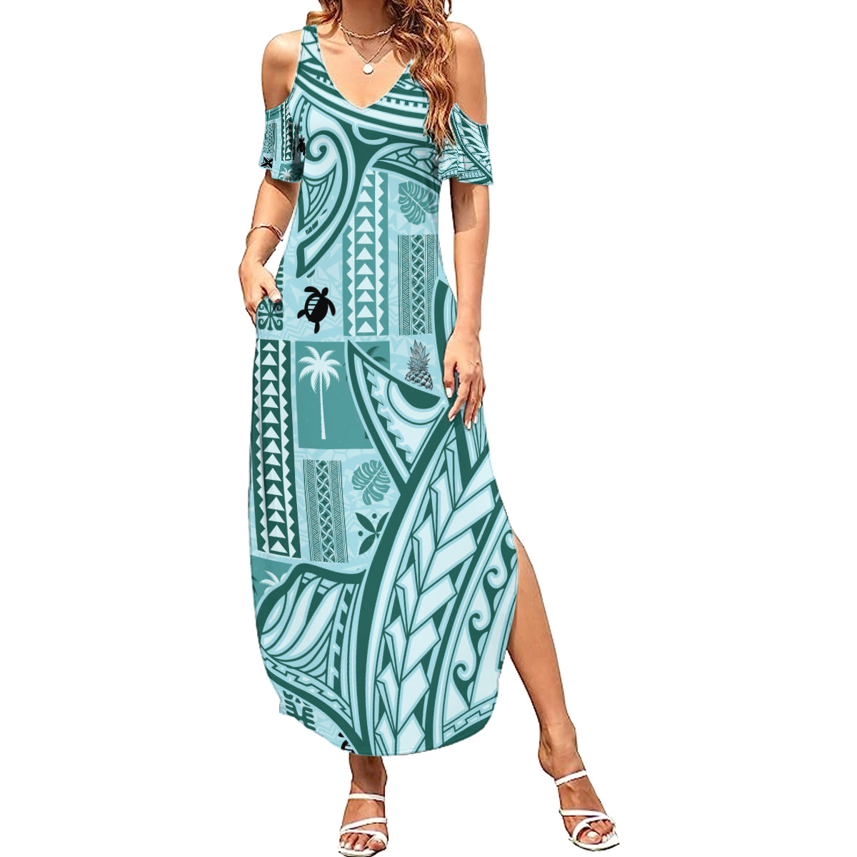Samoa Tapa Summer Maxi Dress Siapo Mix Tatau Patterns - Teal - Wonder Print Shop