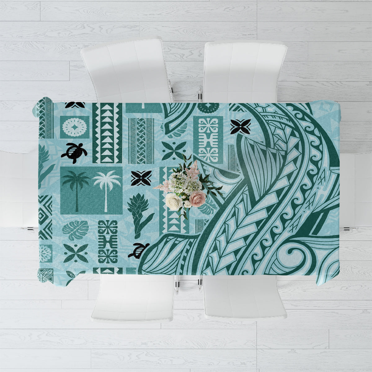 Samoa Tapa Tablecloth Siapo Mix Tatau Patterns - Teal - Wonder Print Shop