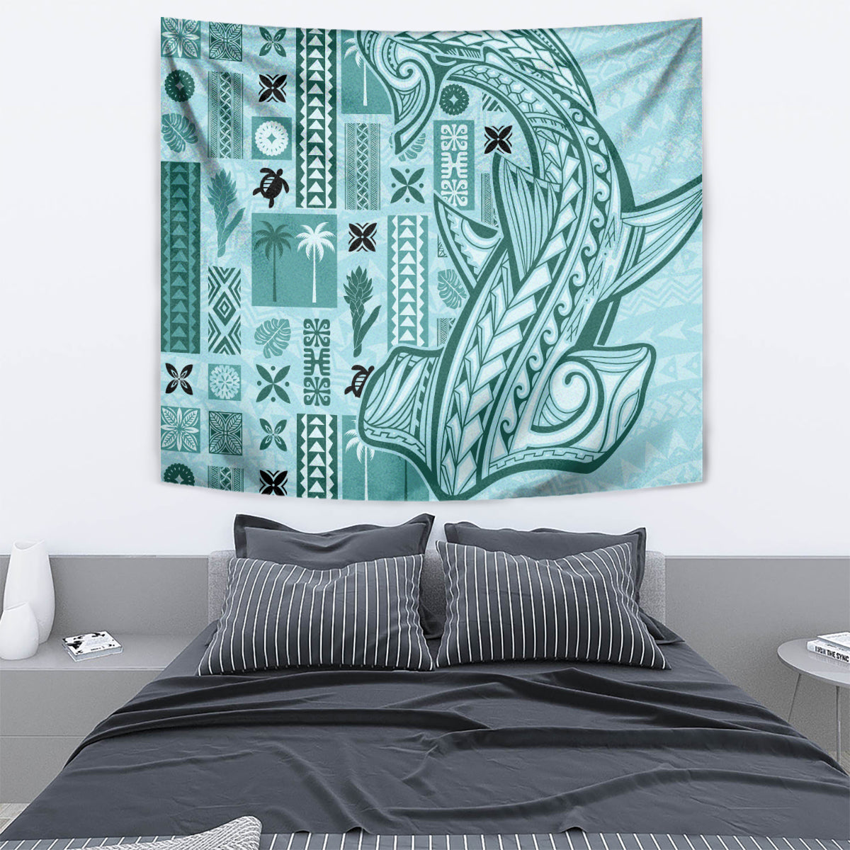 Samoa Tapa Tapestry Siapo Mix Tatau Patterns - Teal - Wonder Print Shop