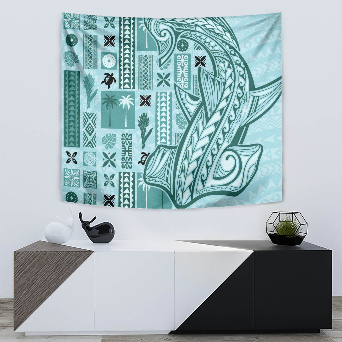 Samoa Tapa Tapestry Siapo Mix Tatau Patterns - Teal - Wonder Print Shop