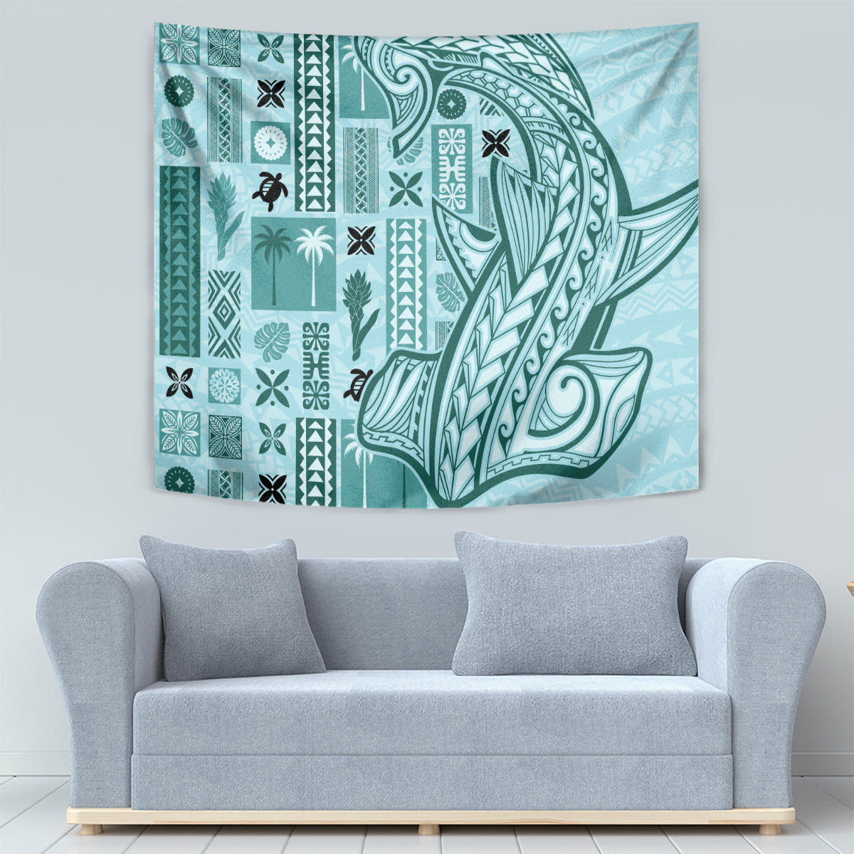 Samoa Tapa Tapestry Siapo Mix Tatau Patterns - Teal - Wonder Print Shop