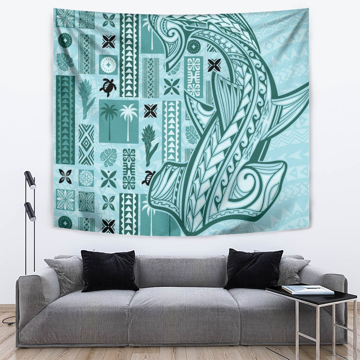 Samoa Tapa Tapestry Siapo Mix Tatau Patterns - Teal - Wonder Print Shop