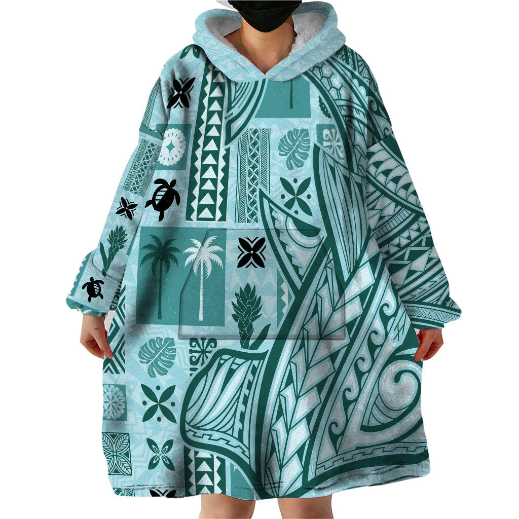 Samoa Tapa Wearable Blanket Hoodie Siapo Mix Tatau Patterns - Teal - Wonder Print Shop