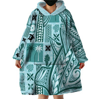 Samoa Tapa Wearable Blanket Hoodie Siapo Mix Tatau Patterns - Teal - Wonder Print Shop