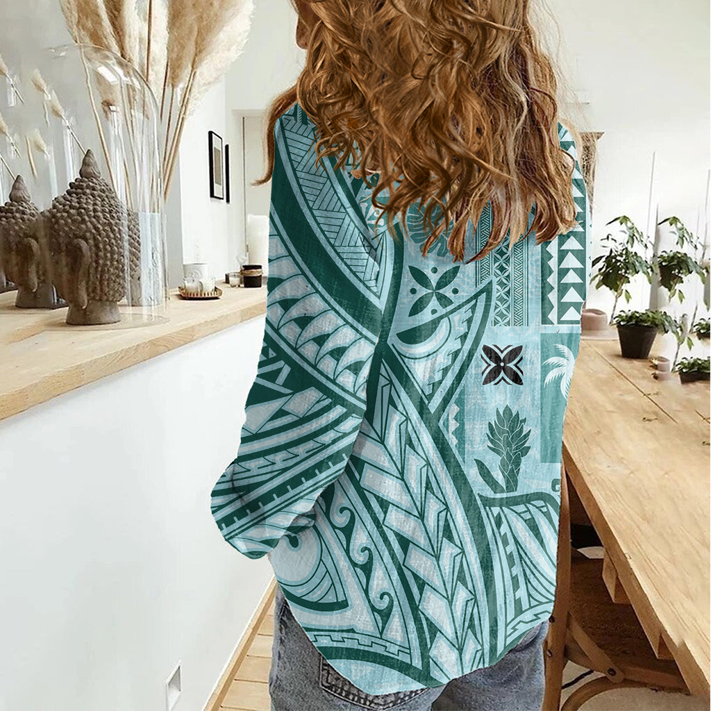 Samoa Tapa Women Casual Shirt Siapo Mix Tatau Patterns - Teal - Wonder Print Shop