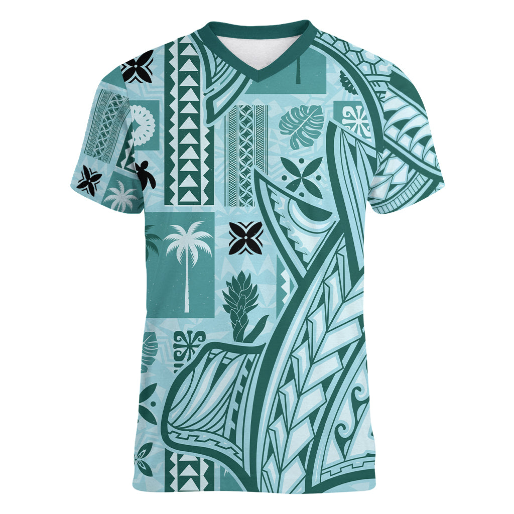 Samoa Tapa Women V Neck T Shirt Siapo Mix Tatau Patterns - Teal - Wonder Print Shop