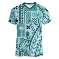 Samoa Tapa Women V Neck T Shirt Siapo Mix Tatau Patterns - Teal - Wonder Print Shop