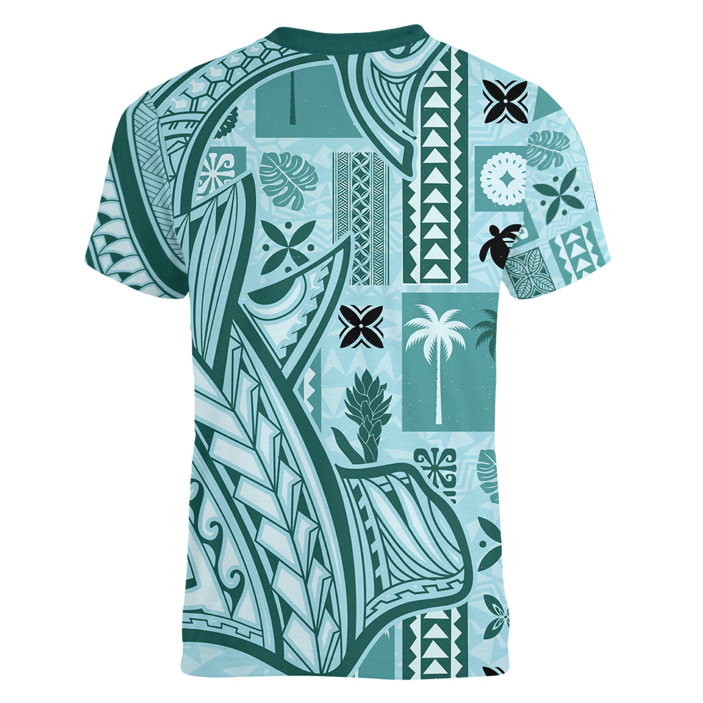 Samoa Tapa Women V Neck T Shirt Siapo Mix Tatau Patterns - Teal - Wonder Print Shop