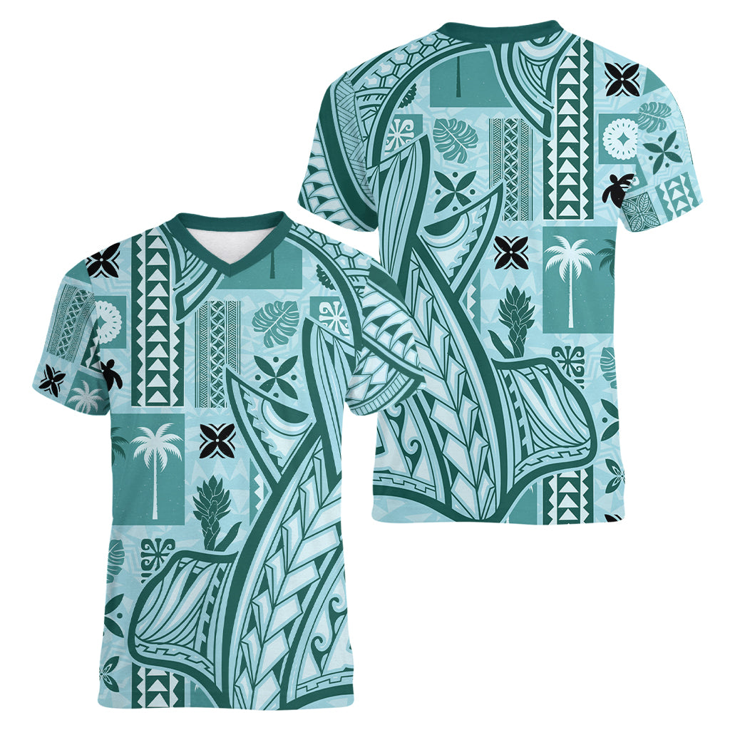 Samoa Tapa Women V Neck T Shirt Siapo Mix Tatau Patterns - Teal - Wonder Print Shop