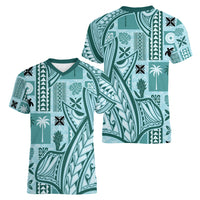 Samoa Tapa Women V Neck T Shirt Siapo Mix Tatau Patterns - Teal - Wonder Print Shop