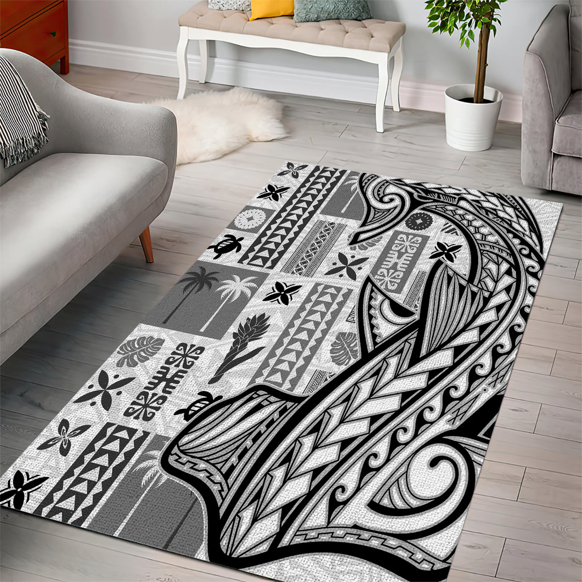 Samoa Tapa Area Rug Siapo Mix Tatau Patterns - White LT7 - Wonder Print Shop