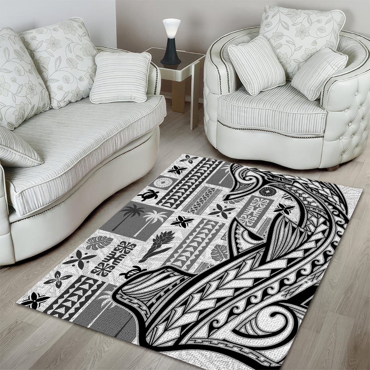 Samoa Tapa Area Rug Siapo Mix Tatau Patterns - White LT7 - Wonder Print Shop