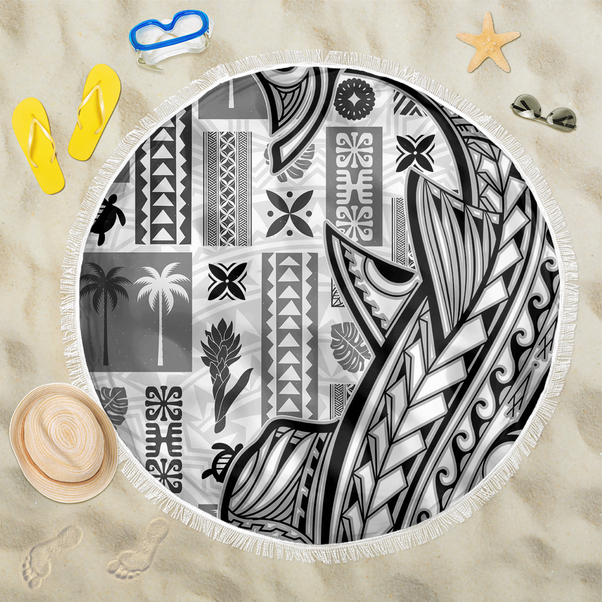 Samoa Tapa Beach Blanket Siapo Mix Tatau Patterns - White LT7 - Wonder Print Shop