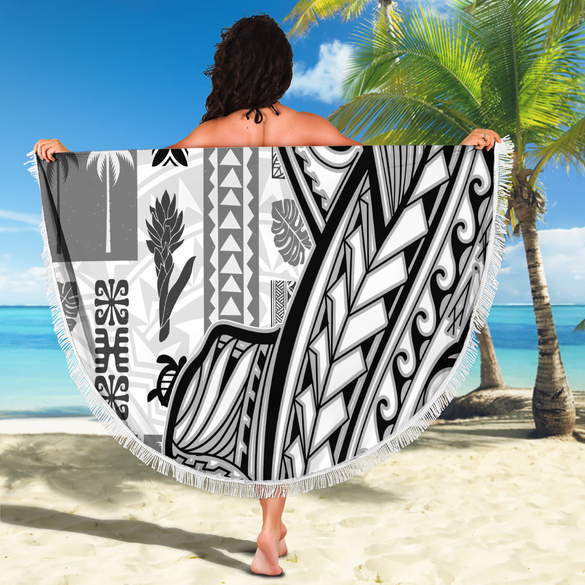 Samoa Tapa Beach Blanket Siapo Mix Tatau Patterns - White LT7 - Wonder Print Shop