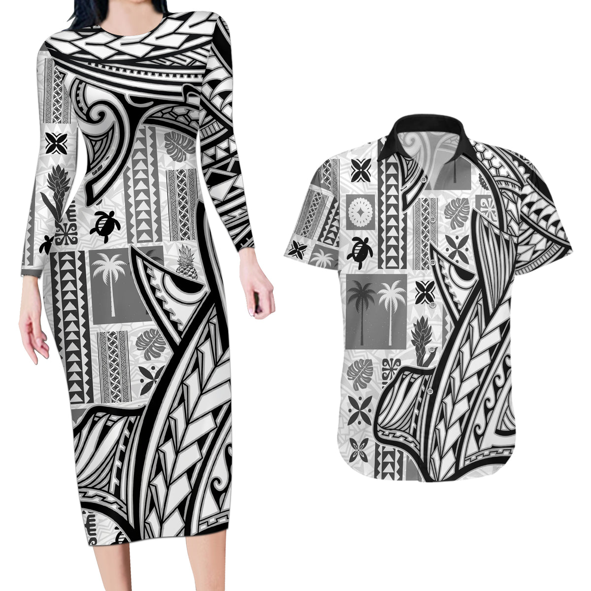 Samoa Tapa Couples Matching Long Sleeve Bodycon Dress and Hawaiian Shirt Siapo Mix Tatau Patterns - White LT7 - Wonder Print Shop