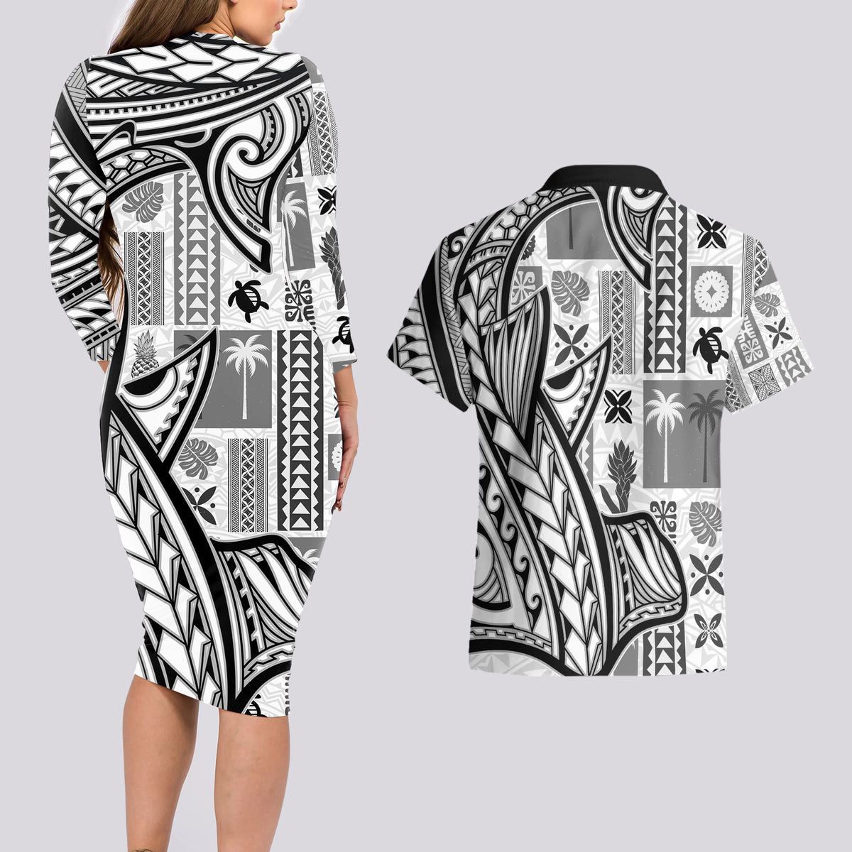 Samoa Tapa Couples Matching Long Sleeve Bodycon Dress and Hawaiian Shirt Siapo Mix Tatau Patterns - White LT7 - Wonder Print Shop